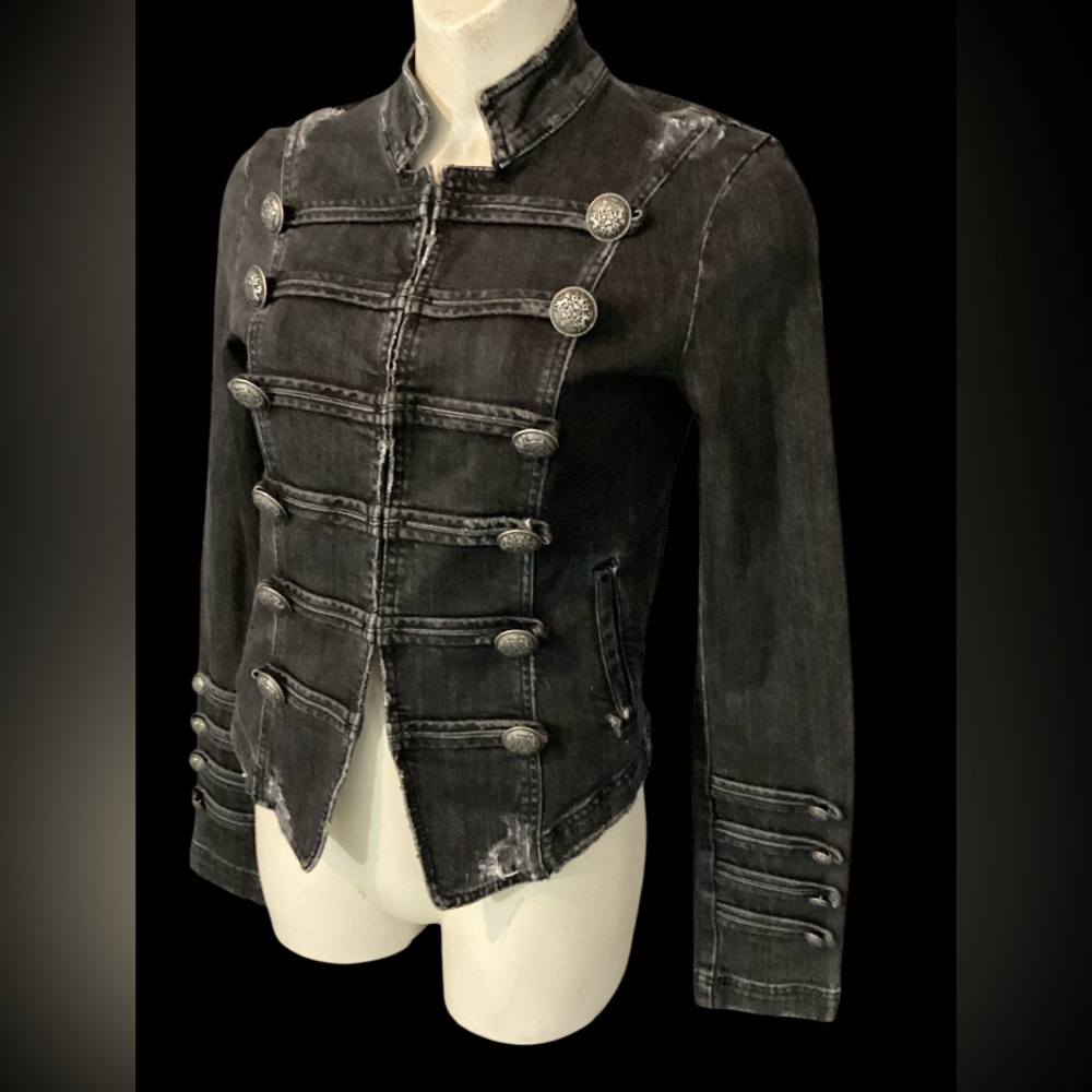 Free People/We The Free Black Military Style Distressed Jean Jacket Sz Small - Picture 5 of 15